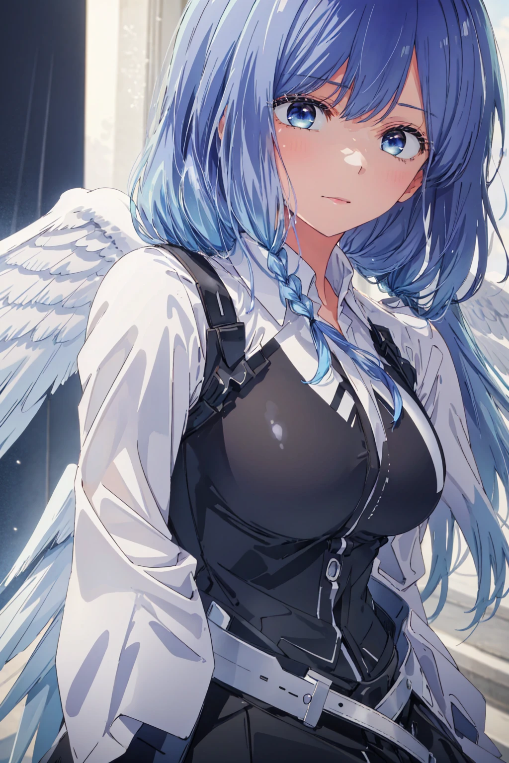 Light blue hair, very light hair, hair sky colour, purple eyes, bare shoulders, shiny skin, shiny hair, twin braids, armor, leather armor, big breasts, shiny armor, angel, big wings, angel wings background, angel girl, solo, 1girl, face focus, large two wings, pretty face, big eyes, white shirt, long sleeve, wings outframe, curvy,