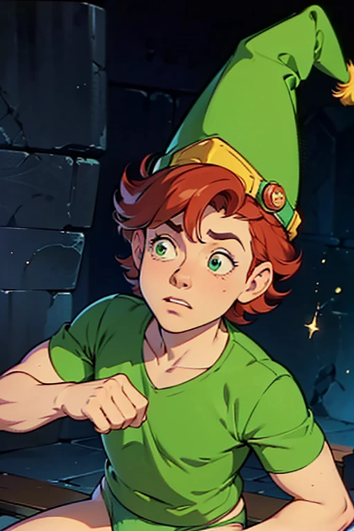 a redhead cartoon character, ((He wears a green underwear and a wizard hat)), a young male wizard, 1980s cartoon, animated episode still, Presto (((mad)))