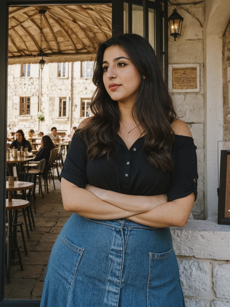Caseyli, 1girl, solo, 30 years old, (((Georgian face))), (((Georgian nose))), (((Georgian lips))), ((((chubby)))), (((wide hips))), (((dark blonde hair))), wavy medium hair, wearing stylish Generation Z wear, ((Background: a café in a village square)), standing