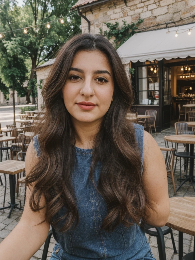 Caseyli, 1girl, solo, 30 years old, (((Georgian face))), (((Georgian nose))), (((Georgian lips))), ((((chubby)))), (((wide hips))), (((dark blonde hair))), wavy medium hair, wearing stylish Generation Z wear, ((Background: a café in a village square))
