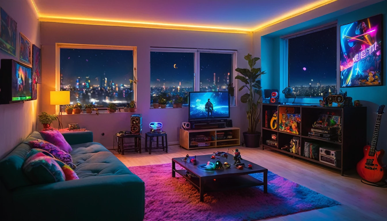 night time setting inside small apartment living room with big screen tv, neon lights games, action figures