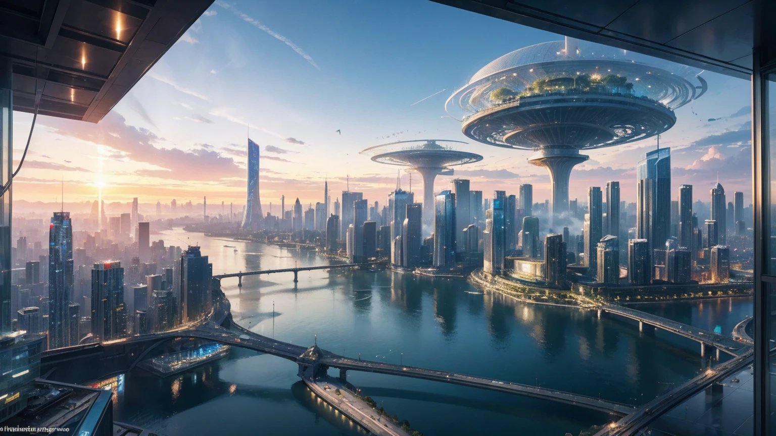 (Best quality,4K,8K,A high resolution,Masterpiece:1.2),Ultra-detailed,(Realistic,Photorealistic,photo-realistic:1.37),Futuristic floating city,Futuristic technology,Huge urban high-tech tablet platform,Airship,Floating in the sky,Futuristic city,Small airships around,High-tech hemispherical platform,Colorful lights,Advanced architecture,modernn architecture,skyscrapper,Access the cloud,Scenic beauty,view over city,Impressive design,Blend seamlessly with nature,energetic and vibrant atmosphere,Futuristic transportation system,Parking is suspended,Transparent path,Lush greenery,Sky gardens,cascading waterfalls,Magnificent skyline,reflections on the water,Sparkling river,Architectural innovation,futuristic skyscrapers,Transparent dome,The shape of the building is unusual,Elevated walkway,Impressive skyline,Glowing lights,Futuristic technology,Minimalist design,Scenic spots,Panoramic view,Cloud Piercing Tower,Vibrant colors,epic sunrise,epic sunset,Dazzling light display,magical ambiance,The future city,Urban Utopia,LuxuryLifestyle,Innovative energy,sustainable development,Smart city technology,Advanced infrastructure,Tranquil atmosphere,Nature and technology live in harmony,Awesome cityscape,Unprecedented urban planning,Architecture connects seamlessly with nature,High-tech metropolis,A cutting-edge engineering marvel,The future of urban living,Visionary architectural concept,Energy-efficient buildings,Harmony with the environment,A city floating above the clouds,Utopian dreams become reality,The possibilities are endless,State-of-the-art transportation network,Green energy integration,Innovative materials,Impressive holographic display,Advanced communication system,Breathtaking aerial view,Quiet and peaceful environment,Modernist aesthetics,Ethereal beauty