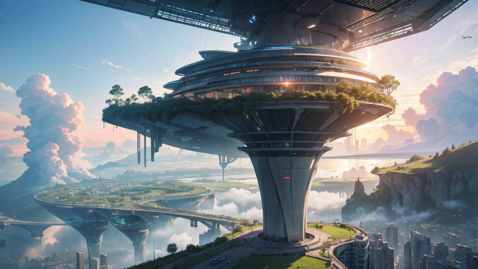 (Best quality,4K,8K,A high resolution,Masterpiece:1.2),Ultra-detailed,(Realistic,Photorealistic,photo-realistic:1.37),Futuristic floating city,Futuristic technology,Huge urban high-tech tablet platform,Airship,Floating in the sky,Futuristic city,Small airships around,High-tech hemispherical platform,Colorful lights,Advanced architecture,modernn architecture,skyscrapper,Access the cloud,Scenic beauty,view over city,Impressive design,Blend seamlessly with nature,energetic and vibrant atmosphere,Futuristic transportation system,Parking is suspended,Transparent path,Lush greenery,Sky gardens,cascading waterfalls,Magnificent skyline,reflections on the water,Sparkling river,Architectural innovation,futuristic skyscrapers,Transparent dome,The shape of the building is unusual,Elevated walkway,Impressive skyline,Glowing lights,Futuristic technology,Minimalist design,Scenic spots,Panoramic view,Cloud Piercing Tower,Vibrant colors,epic sunrise,epic sunset,Dazzling light display,magical ambiance,The future city,Urban Utopia,LuxuryLifestyle,Innovative energy,sustainable development,Smart city technology,Advanced infrastructure,Tranquil atmosphere,Nature and technology live in harmony,Awesome cityscape,Unprecedented urban planning,Architecture connects seamlessly with nature,High-tech metropolis,A cutting-edge engineering marvel,The future of urban living,Visionary architectural concept,Energy-efficient buildings,Harmony with the environment,A city floating above the clouds,Utopian dreams become reality,The possibilities are endless,State-of-the-art transportation network,Green energy integration,Innovative materials,Impressive holographic display,Advanced communication system,Breathtaking aerial view,Quiet and peaceful environment,Modernist aesthetics,Ethereal beauty