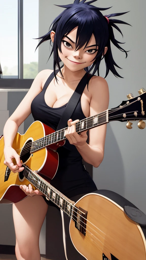 Noodle Gorillaz, sexy body, Sexy cleavage, playing guitar, smiling, closed mouth, holding, holding plectrum, instrument, Long Straight hair, music, one side up, tails, playing guiter ((masterpiece, best quality))
