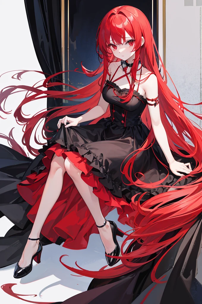red hair, long straight hair, red eyes, red ruffle dress, black trim on dress, black gloves and shoes, big black ribbon above head, wavy hair, no bangs, no bangs, Flip your bangs to both sides