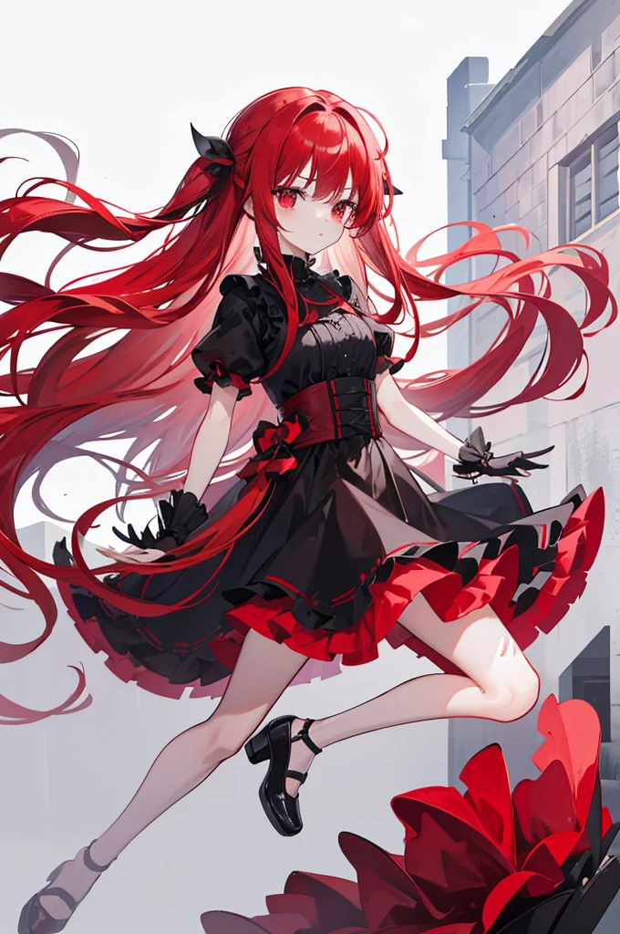 red hair, long straight hair, red eyes, red ruffle dress, black trim on dress, black gloves and shoes, big black ribbon above head, wavy hair, no bangs, no bangs, Flip your bangs to both sides