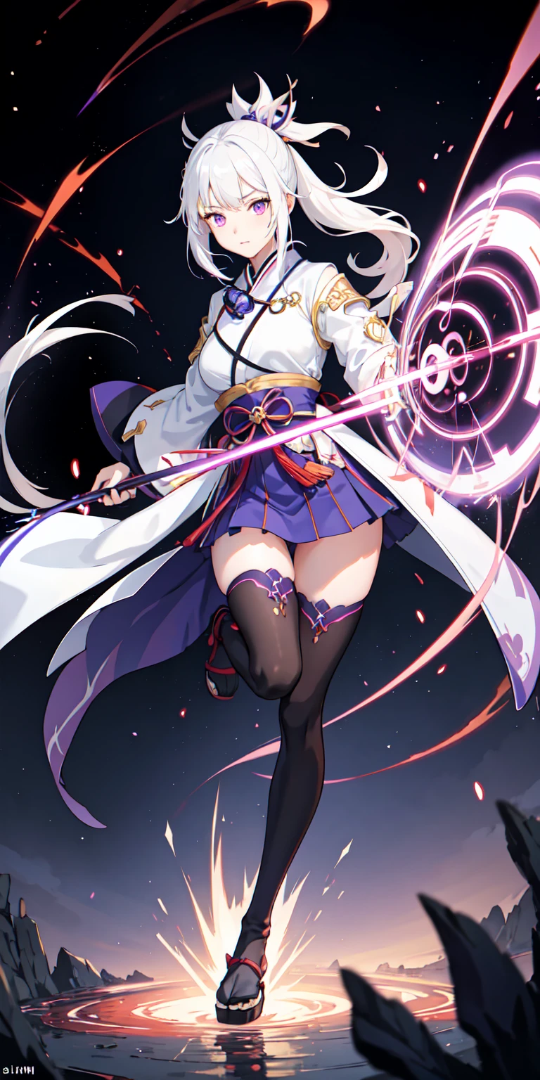1girl, japanese clothes, ponytail ,white hair, purple eyes, magic circle, blue fire, blue flames, wallpaper, landscape, blood, blood splatter, depth of field, night, light particles, light rays, sidelighting, thighs, fate \(series\), genshin impact, ****, open jacket, skirt, thighhighs, cloud, naked, nude
