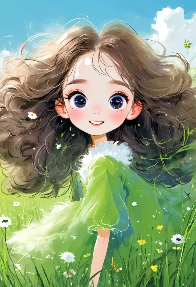 (masterpiece, best quality:1.2), 1 girl, solitary, big eyes，Fluffy hair， happiness，Happy，grassland，Rough texture，Hand-drawn style，
