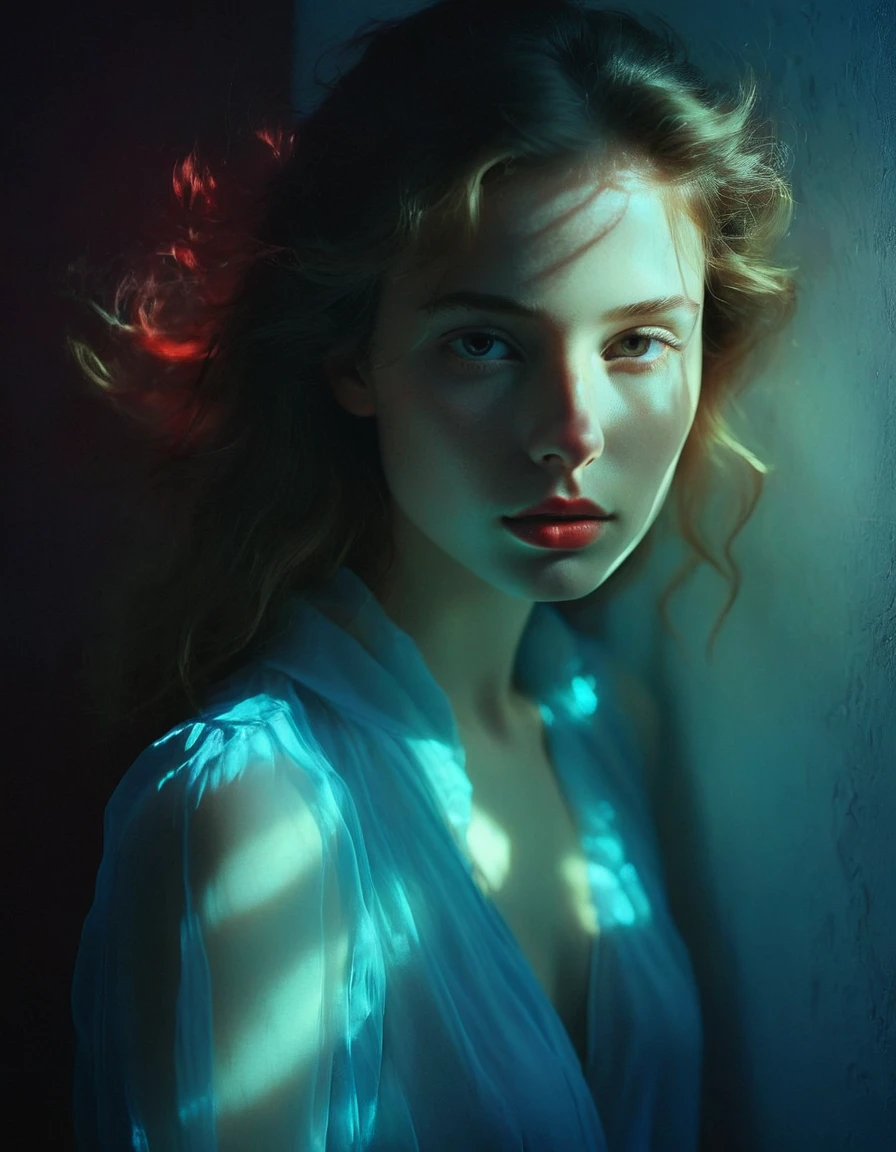 painting of a  girl with blue eyes and light hair in a light shirt, portrait, dark atmosphere, cinematic scene, volumetric lights, ultra realistic, in the style of nicola samori