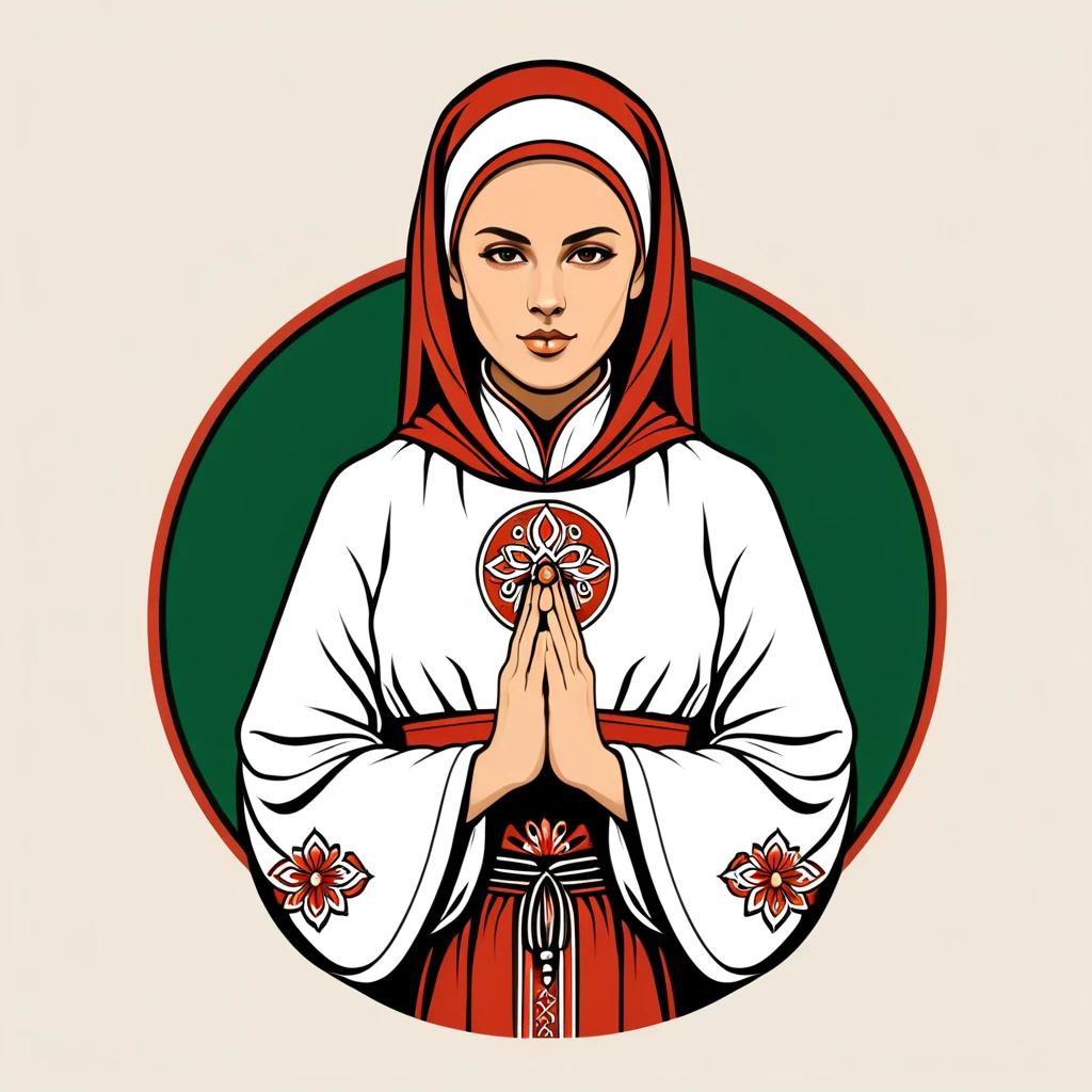 female monk in hungarian folk outfit, vector graphics, strong contours, logo design