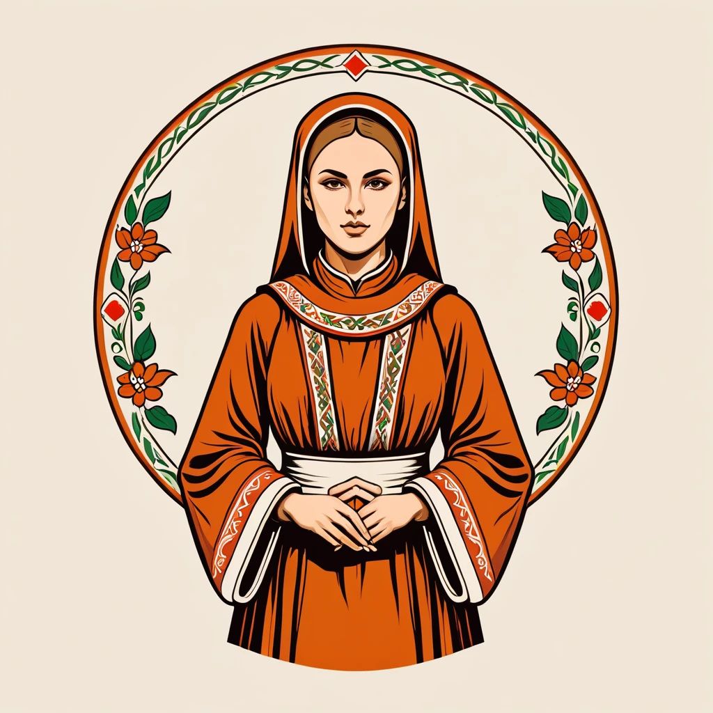 female	monk	in russian folk outfit	,vector graphics, strong contours, logo design																						