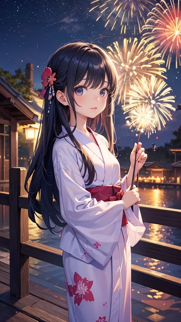 very cute、、girl、Long Straight Hair、Beautiful yukata、Night Sky、Countless fireworks、
