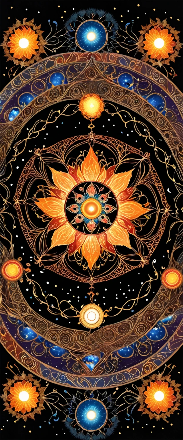conceptual installation art, 2.5D, delicate and dynamic, reincarnation, the cycle of life, the repeated acts, water, fire, wind, soil, light, darkness, kaleidoscope, magic circle, object art