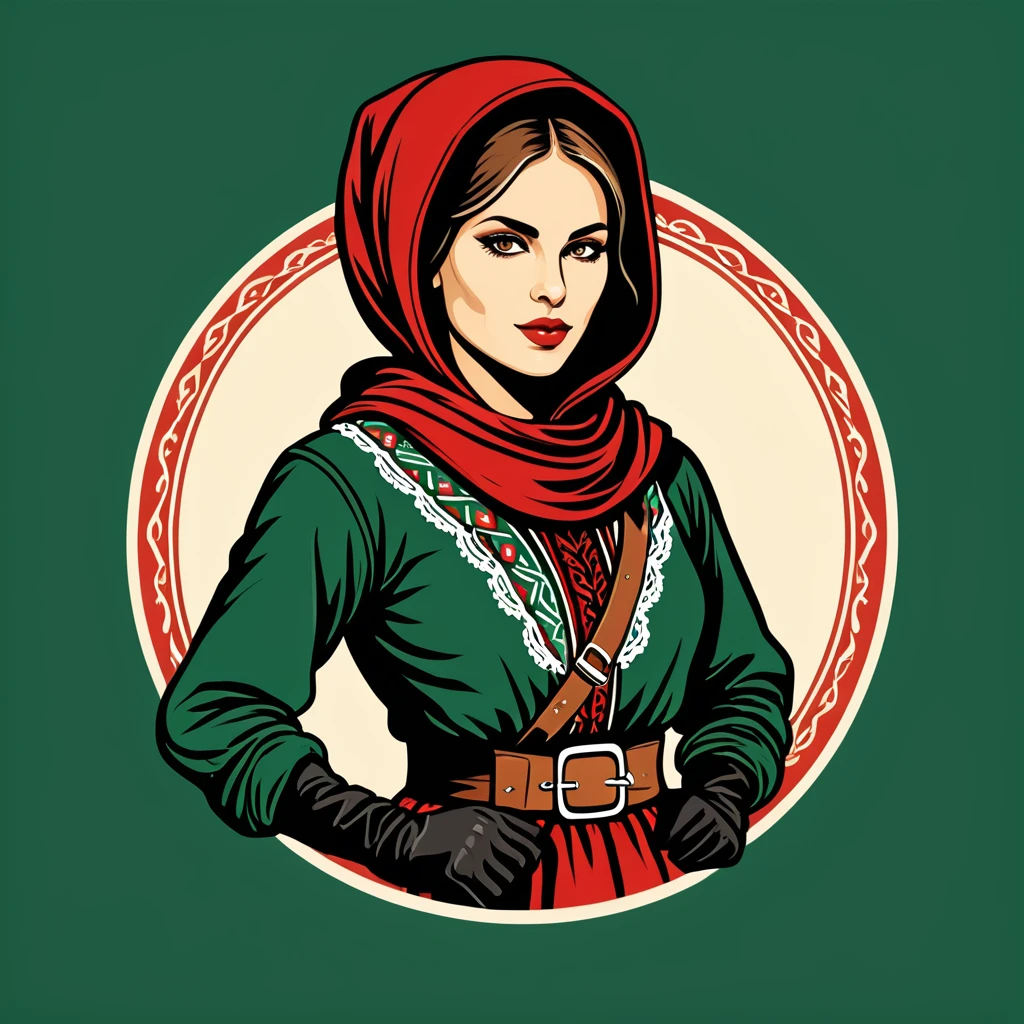 female thief in hungarian folk outfit, vector graphics, strong contours, logo design
