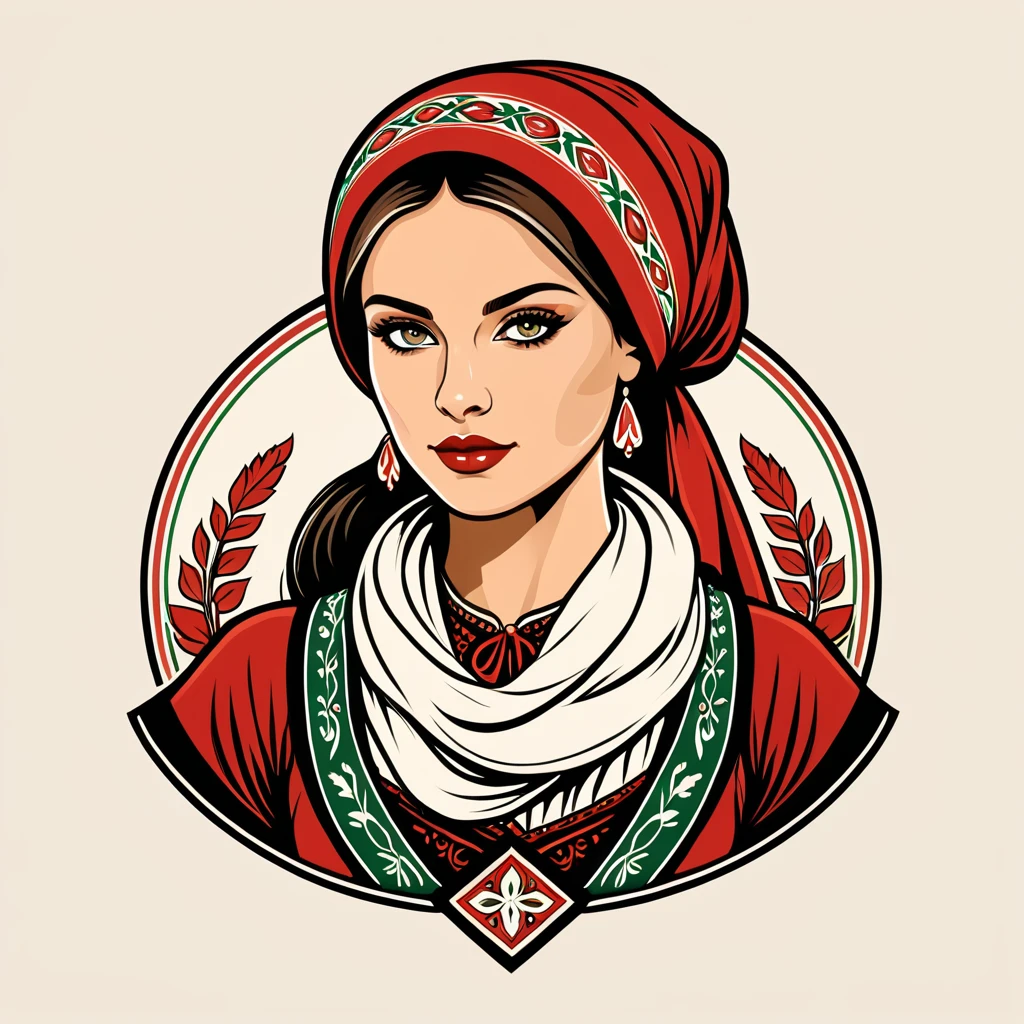 female thief in hungarian folk outfit, vector graphics, strong contours, logo design
