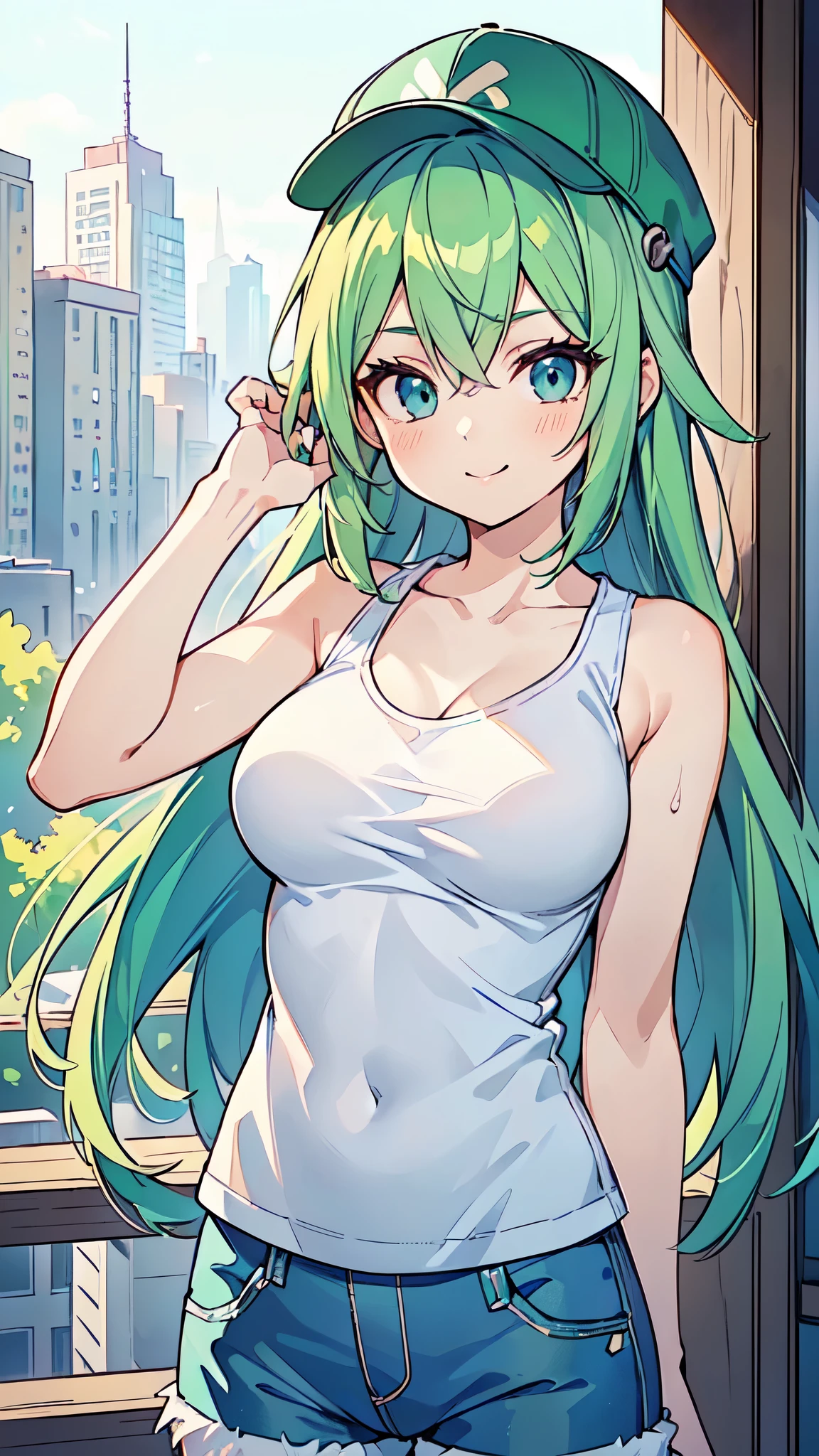 ((A Pretty girl with green hair and blue eyes)), ((wearing the white tanktop and hot pants)), ((a cap)), Baby face, ((top-quality, master piece, ultra-definition, high resolution)), anime girl, ((ultra-detailed illust:1.2)), only one person, bangs, hair between eye, beautiful hair, Beautiful eyes, medium breast, Big smile, cityscape