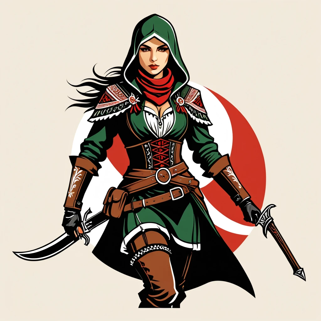 female assassin in hungarian folk outfit, vector graphics, strong contours, logo design
