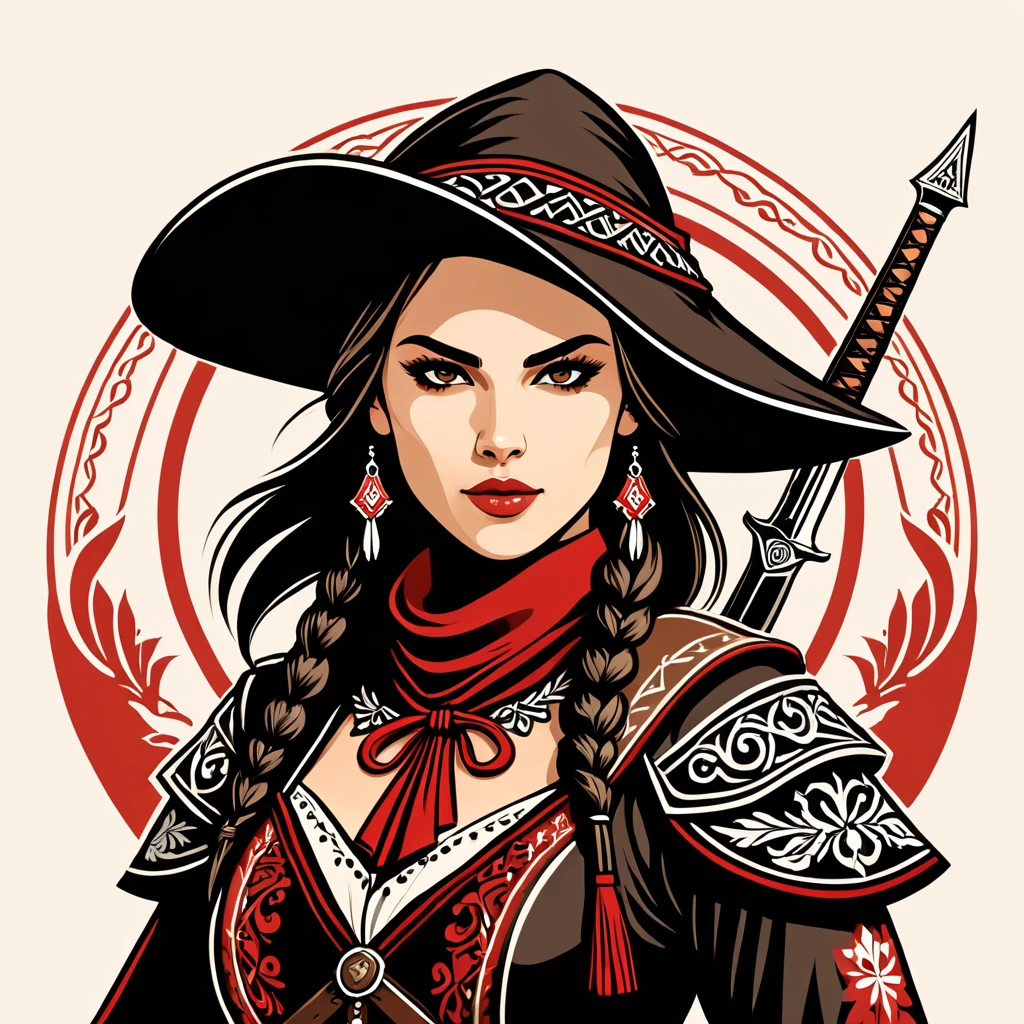 female assassin in hungarian folk outfit, vector graphics, strong contours, logo design