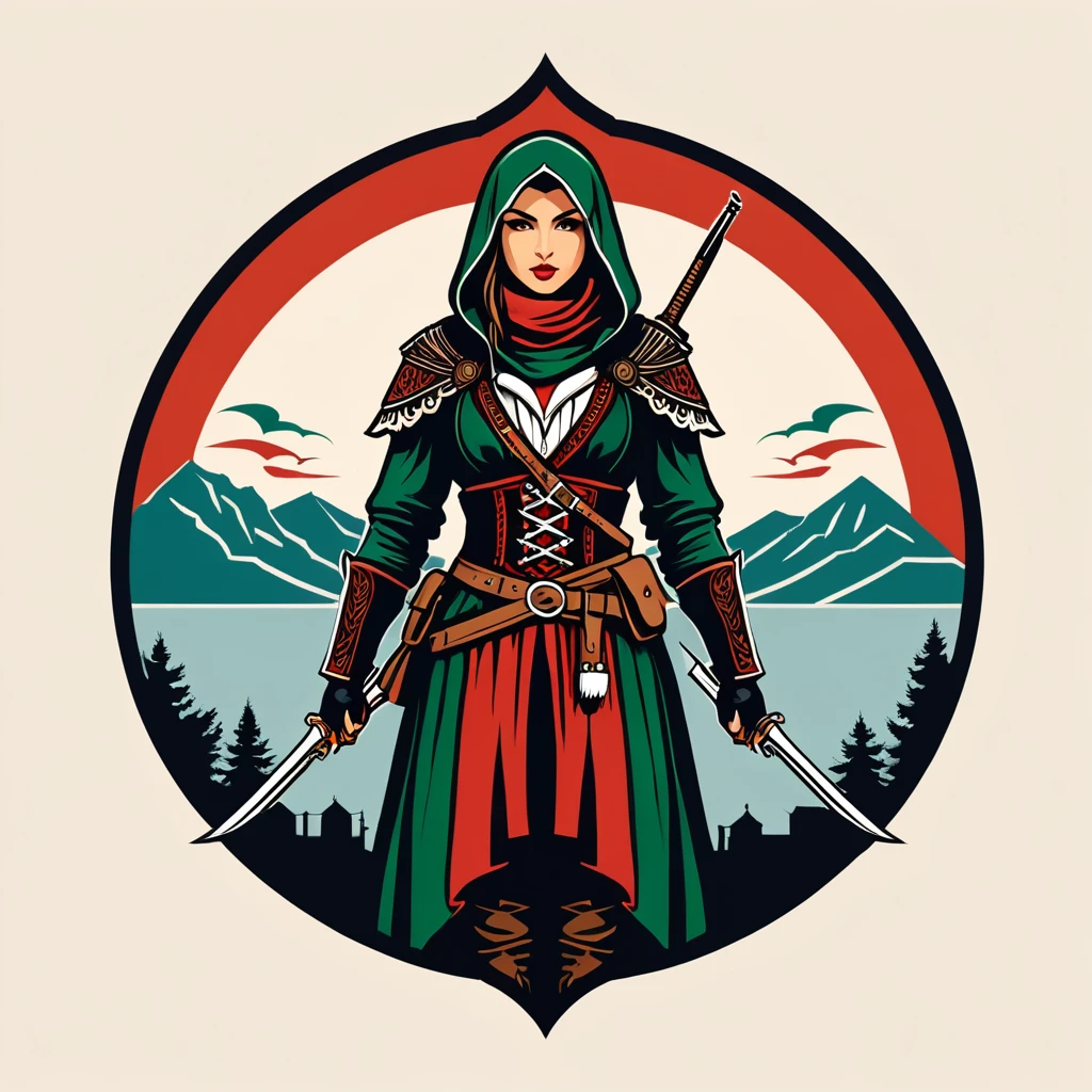 female assassin in hungarian folk outfit, vector graphics, strong contours, logo design