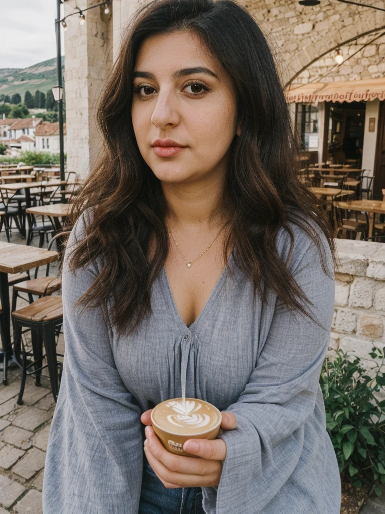 Caseyli, 1girl, solo, 30 years old, (((Georgian face))), (((Georgian nose))), (((Georgian lips))), ((((chubby)))), (((wide hips))), (((dark blonde hair))), wavy medium hair, wearing stylish Generation Z wear, ((Background: a café in a village square)), standing. looking at the viewer