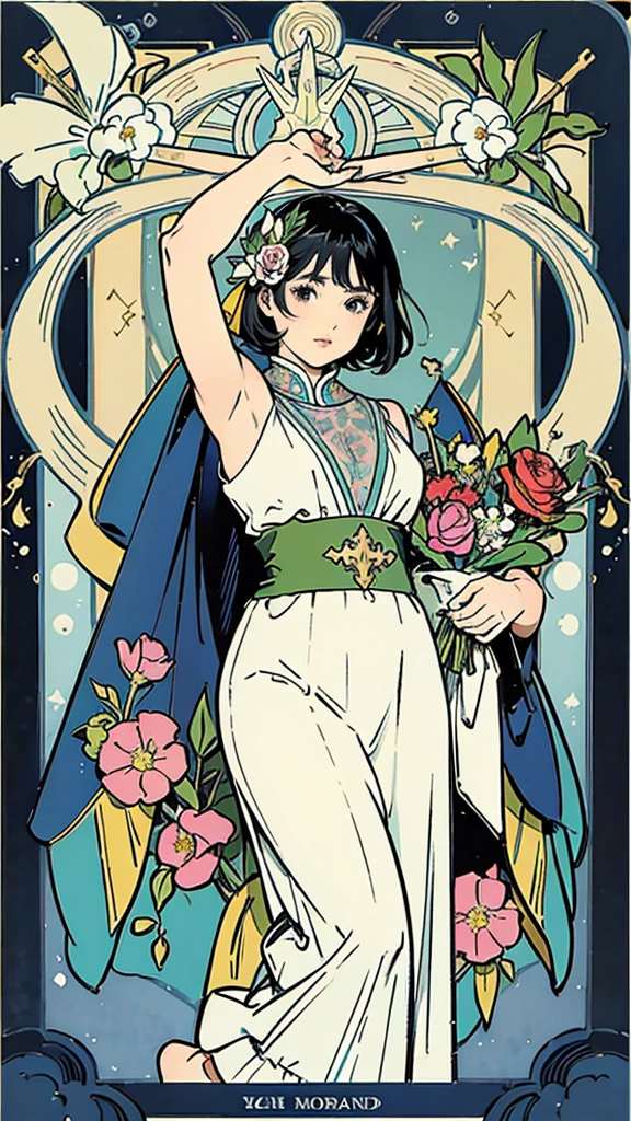 Tarot Cardasterpiece、Highest quality、Amazing details、Detailed Background、Line art、Written boundary depth、Flat Shading、Mucha style、Art Nouveau、Botanical Art、Flower Art、Surrounded by many flowers、、girl、、Japanese idol costumes from the 1980s、Vintage Color、colorful、Anatomically correct、plump、Showing off your armpits、Expressive eyes、Perfect Face、Black Hair、short hair、Seiko-chan Cut、Embarrassing、She is blushing、Browsing Caution