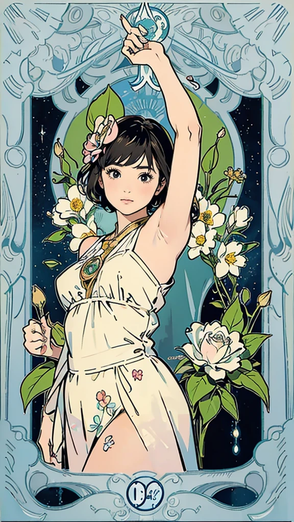 Tarot Cardasterpiece、Highest quality、Amazing details、Detailed Background、Line art、Written boundary depth、Flat Shading、Mucha style、Art Nouveau、Botanical Art、Flower Art、Surrounded by many flowers、、girl、15 years old、80s idol costumes、Vintage Color、colorful、Anatomically correct、plump、Showing off your armpits、Expressive eyes、Perfect Face、Black Hair、short hair、Seiko-chan Cut、Embarrassing、She is blushing、Browsing Caution