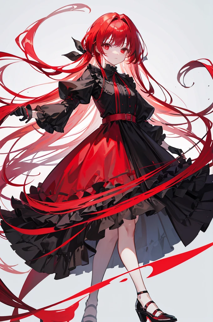 red hair, long straight hair, red eyes, red ruffle dress, black trim on dress, black gloves and shoes, big black ribbon above head, Flip your bangs to both sides