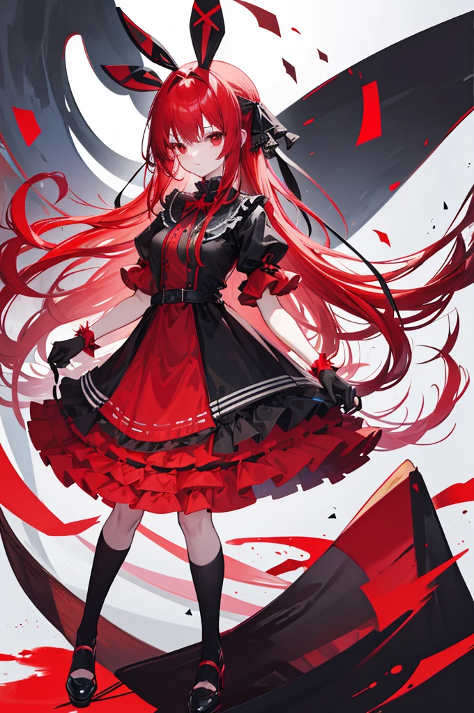 red hair, long straight hair, red eyes, red ruffle dress, black trim on dress, black gloves and shoes, big black ribbon above head, Flip your bangs to both sides