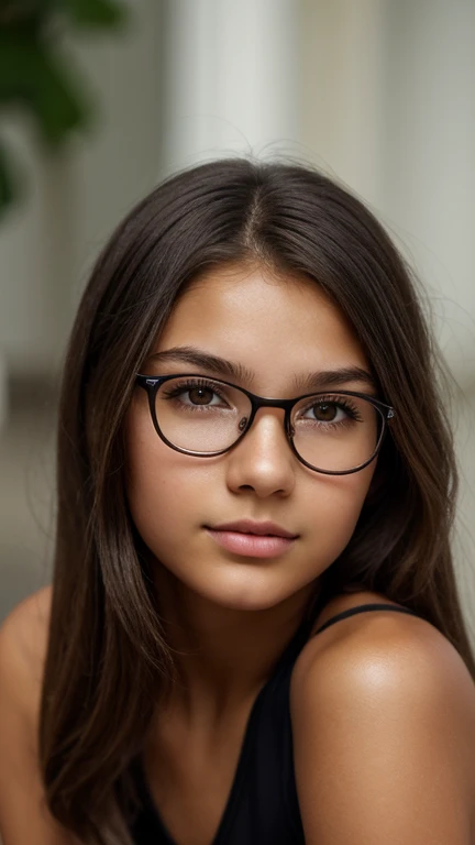 a latina girl about 16 years old brown hair glasses ear peircings and brown eyes taking a mirror selfie with expression 