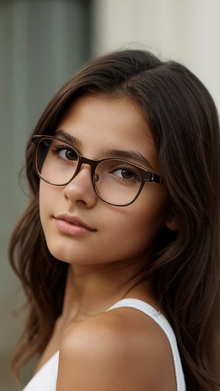 1 girl, , Single, Aesthetic work of art, Slavic appearance, cute round face, round cheeks, round chin, beautiful proportional small wide nose, plump sensual lips, Absolute absence of cosmetics and make-up, very realistic short tousled brown tousled hair, Realistic brown eyes, realistic glasses with distorting lenses, velvety tanned pubescent skin, runner'body, (textured leather, skin pores:1.1), goosebumps, Носить только тренировочную майку на голое body, barefoot, beautiful long legs, separated thighs I don't wear a bra because it's hot, I don't wear panties because it's hot, Very good, breast exposure, sexy pose, всё body
