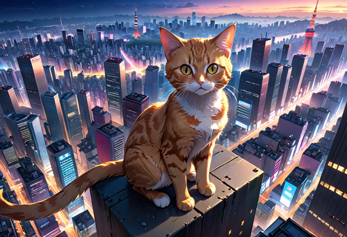 ((Masterpiece, top quality, high resolution)), ((highly detailed CG unified 8K wallpaper)), arafed cat sitting on a ledge above a city at night, cat attacking tokyo, perched on a skyscraper, cyberpunk cat, planet of the cats, giant cat monster, with a city in the background, city in the background, towering over a city, acrophobia, bird's eye view, neko, very very surreal, bird eye view,