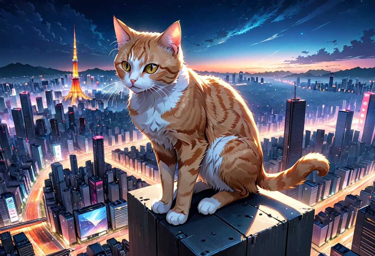 ((Masterpiece, top quality, high resolution)), ((highly detailed CG unified 8K wallpaper)), arafed cat sitting on a ledge above a city at night, cat attacking tokyo, perched on a skyscraper, cyberpunk cat, planet of the cats, giant cat monster, with a city in the background, city in the background, towering over a city, acrophobia, bird's eye view, neko, very very surreal, bird eye view,