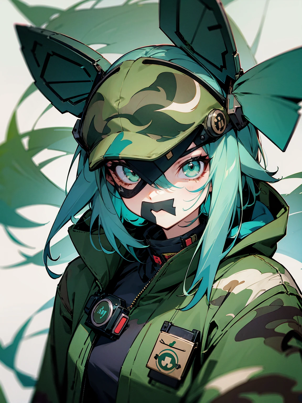 1female, mask, teal hair, scouter, green eyes, camo jacket, apathetic expression