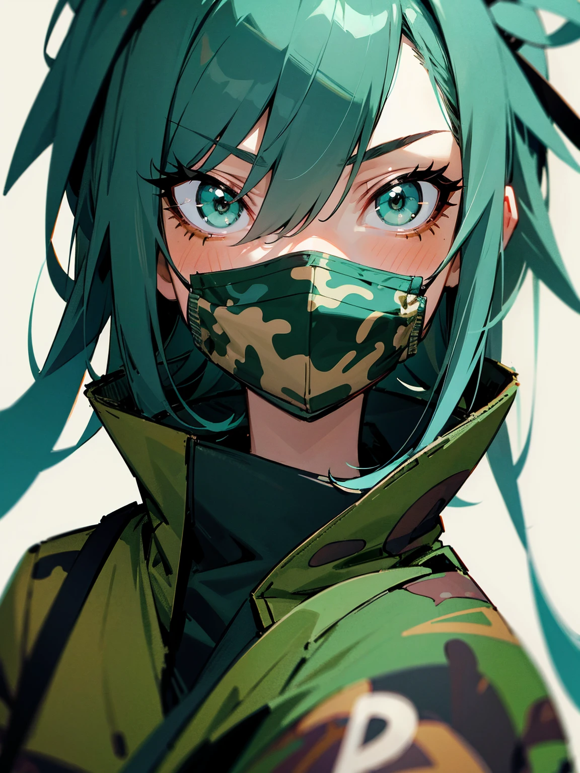 1female, mask, teal hair, scouter, green eyes, camo jacket, apathetic expression