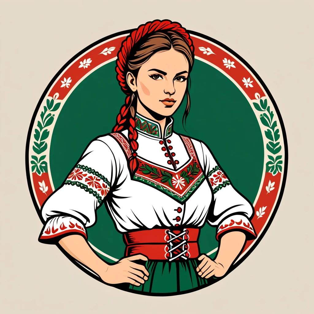 female fighter in hungarian folk outfit, vector graphics, strong contours, logo design