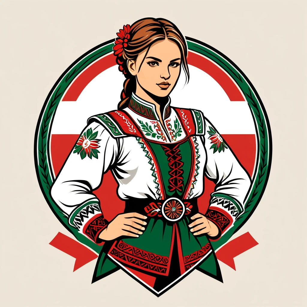 female fighter in hungarian folk outfit, vector graphics, strong contours, logo design