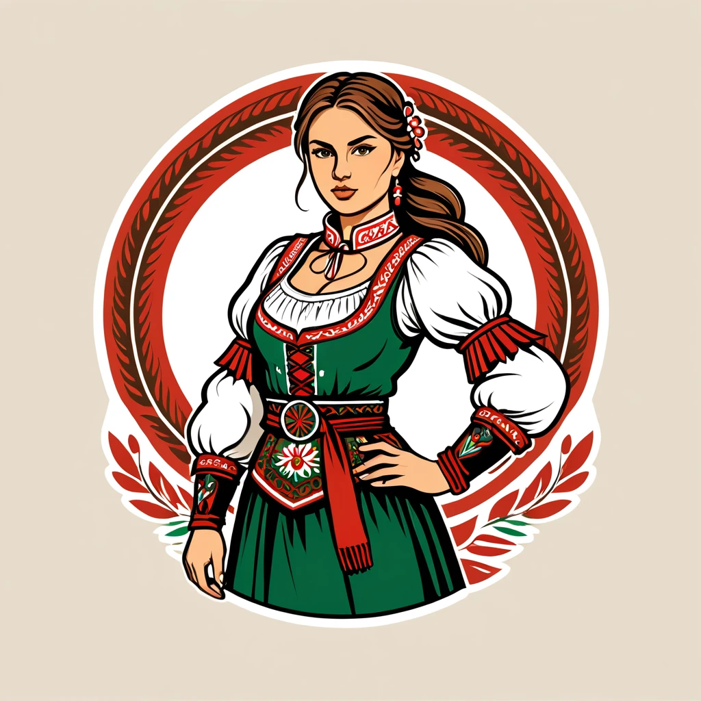 female fighter in hungarian folk outfit, vector graphics, strong contours, logo design