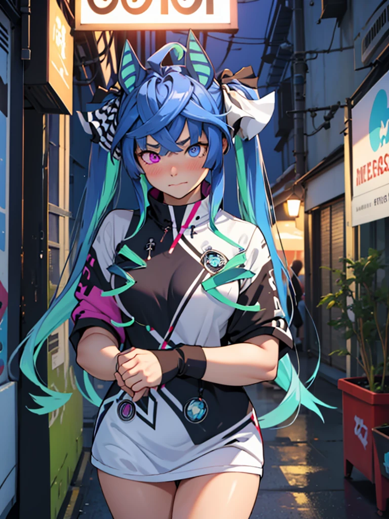 (Masterpiece, best quality, high res、highly detailed cg: 1), A foreign land where the language is not understood, a prostitute inviting with body language, both not understanding each other's words but the intentions are clear, she is using gestures and expressions, street at night, subtle lighting, exotic atmosphere. Twin_Turbo_Umamusume, aqua hair, twintails, heterochromia, purple eyes, blue eyes, small breasts, Blush, half closed eyes
