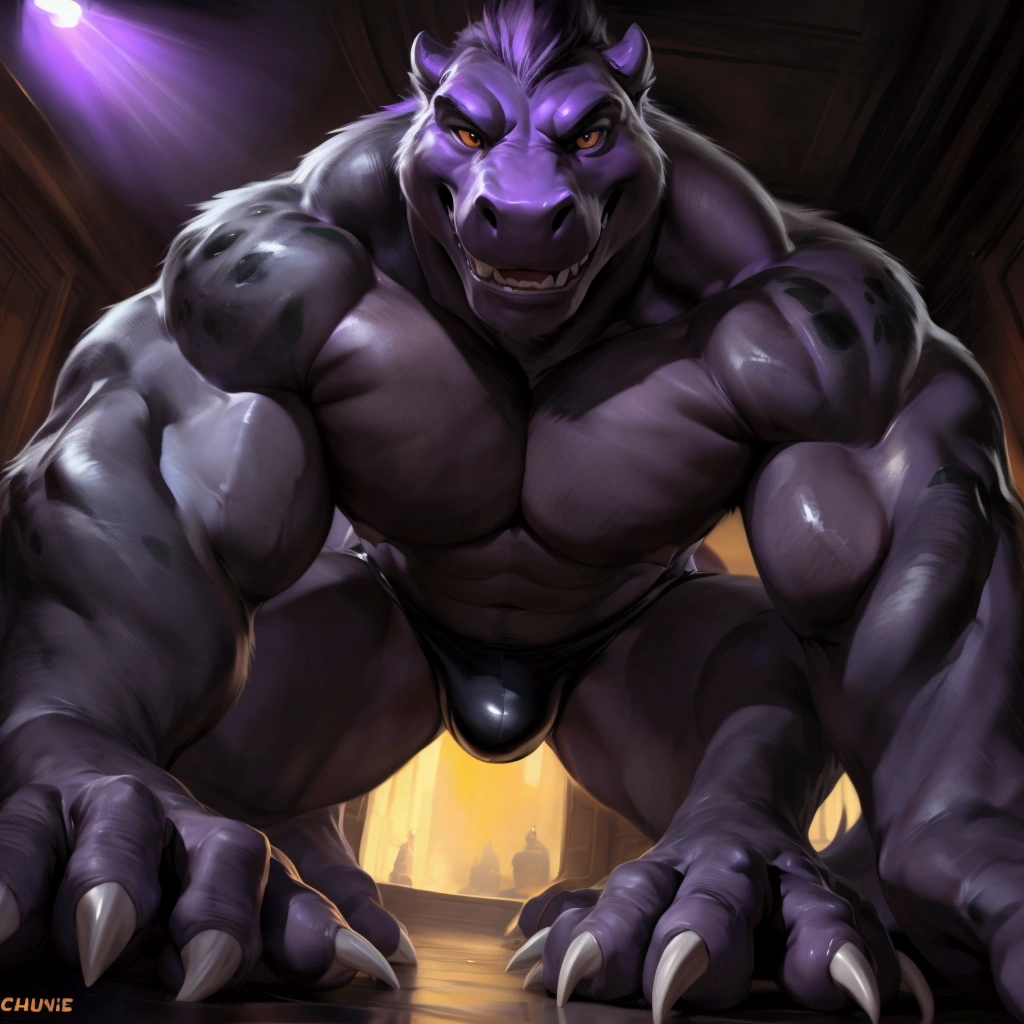 Montgomery Gator, Male, Solo, Muscular, Muscle: 3, Pectoral Muscle: 2, Big Pecs, Abs, Claws, Correct anatomy, Front View, Private Room Background, Bulge, Grinning at Viewer, Grinning at Viewer, Tail, Speedo, Crawling on Floor, Hands on Floor, All on four, Lustful Look, Purple Lighting, Teeth, Claws, Fingers, Looking at viewer with lust, (depth of field, Wide Dynamic Field, Dark Shadows, HDR, Low Light: 1.2, Very Low Angle, Low Close Up Front Shot), (by null-ghost, by Chunie, by darkgem),