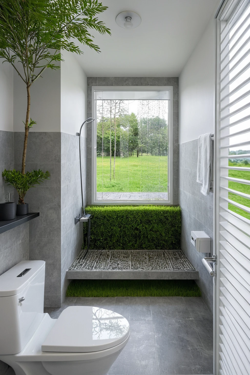 Masterpiece, high quality, best quality, realistic, super detailed, outdoor, toilet, modern style, white wall, grass, tree, sky, equipment, (daylight: 1.1)
