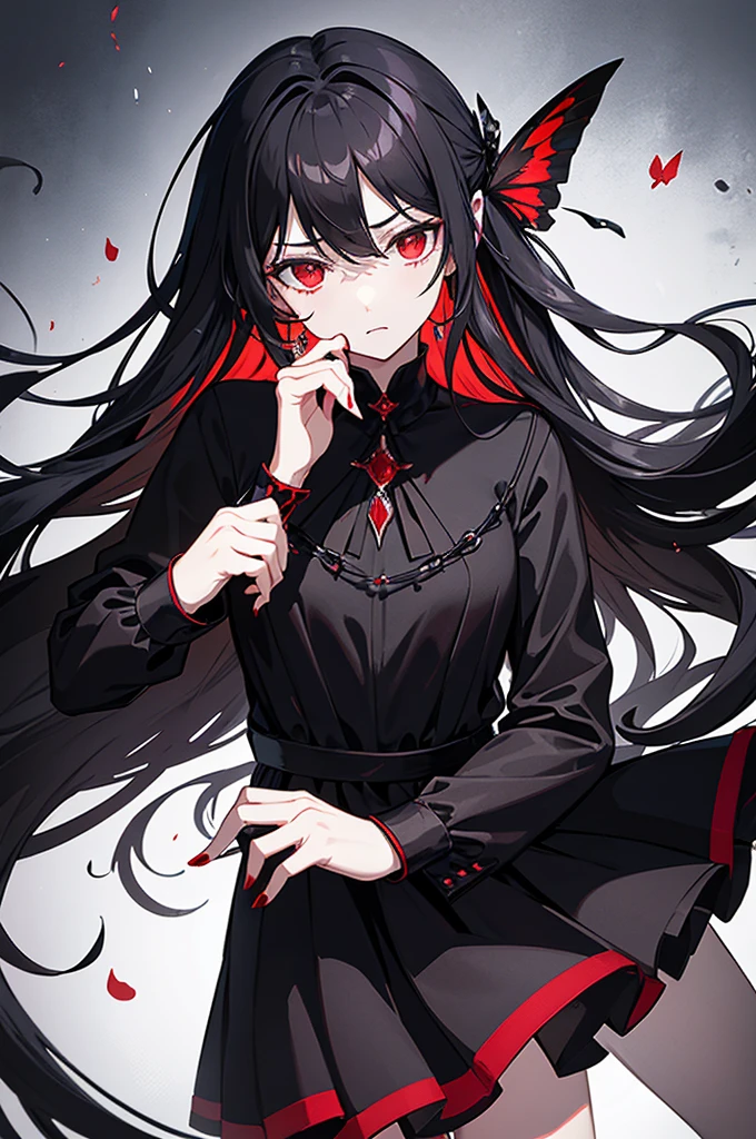 expressionless,,(dark fantasy),((Excellent illustrations)),(splash details), long black hair, red student, girl, pure black dress, Cover only, The cuffs and skirt are dark red., Ears attached to the side with a red butterfly hairpin., Masterpiece, best quality, High quality, earphones,, Red and black crystal necklace, Black knee-length socks