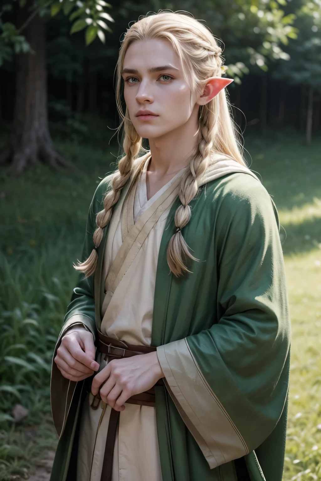 Create an RPG character image that looks like Legolas but will be a human instead of an elf , will be a druid as a monk secondary class