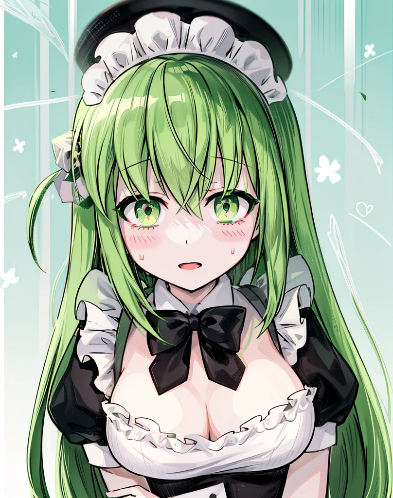 score_9, score_8_up, score_7_up, source_anime, BREAK 1girl, sdrnd, purple eyes, green hair, long hair, bangs, double bun, antenna hair big breasts, blush, open mouth, smile, shy, embarrassed, smile, open mouth, looking to the side, maid, mansion, room,