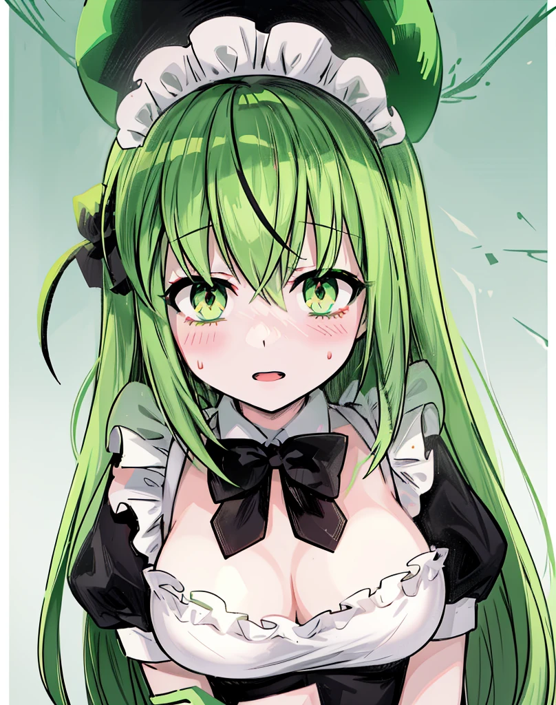 1girl ,green eyes,green hair,short maid dress ,pale skin,(high resolution, high detail, best quality),
open mouth,smile,happy, blushes, gluttonous, medium breasts