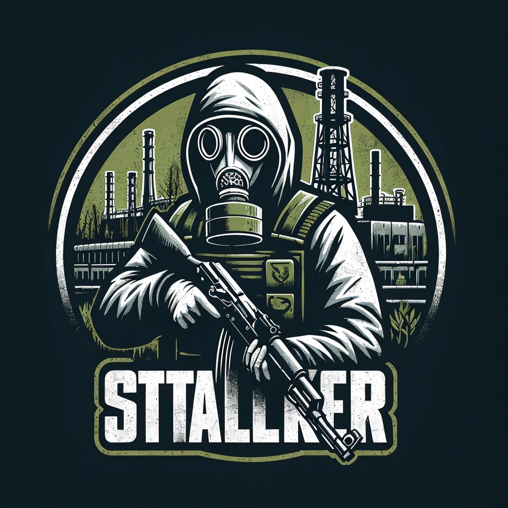 Draw me a logo of a character  from yhe game S.T.A.L.K.E.R standing infront of Chernobyl holding a ak-74 with a GP-5 gas mask ￼￼