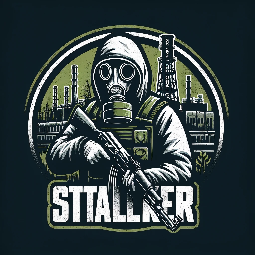 Draw me a logo of a character  from yhe game S.T.A.L.K.E.R standing infront of Chernobyl holding a ak-74 with a GP-5 gas mask ￼￼