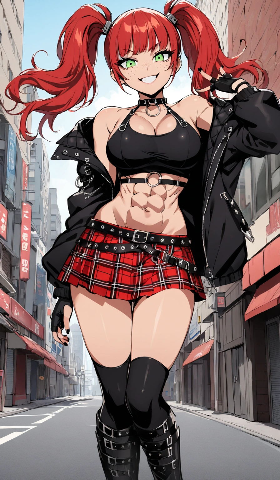 woman, grin, curly red hair in pig tails, green eyes, eye shadow, wearing crop top black shirt, long black jacket, red plaid skirt, (black knee high boots), black finger-less gloves, exposed shoulders, large breasts, freckles, cleavage, slight abs, looking at viewer, Holo-Punk Style, in the city