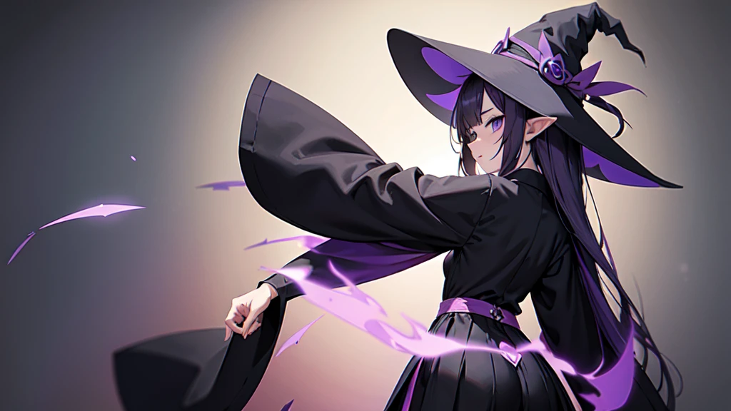 Anime girl with purple waist-length hair and black robe. Witch hat. Pointy ears. Cute as a cartoon. Back view. Full body facing backwards. The whole body is visible. Skirt is short.