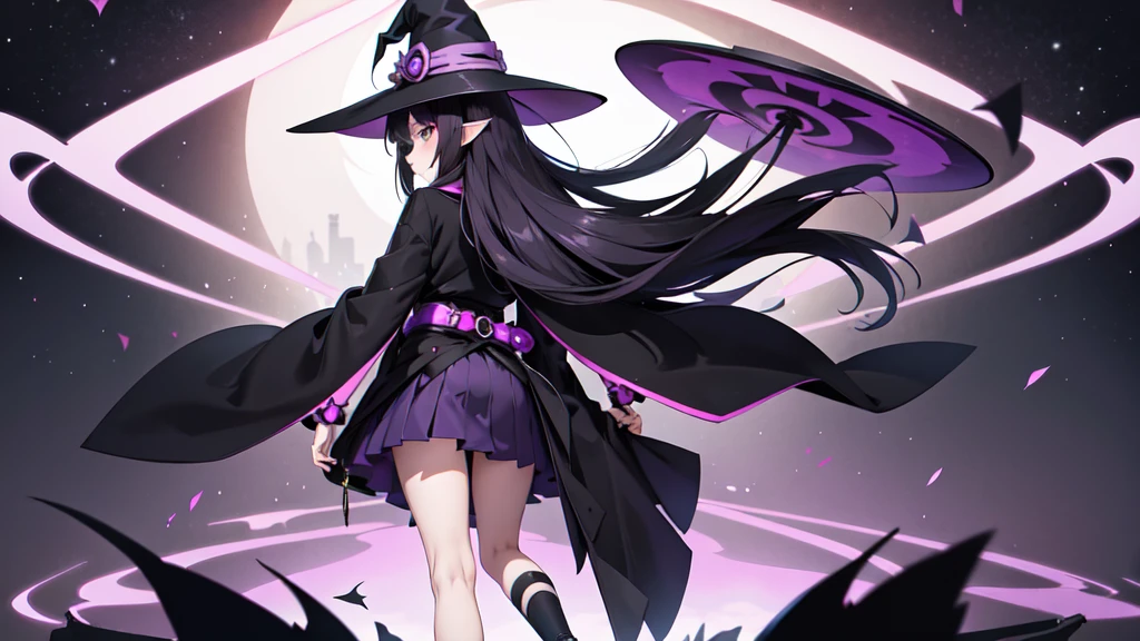 Anime girl with purple waist-length hair and black robe. Witch hat. Pointy ears. Cute as a cartoon. Back view. Full body facing backwards. The whole body is visible. Skirt is short.
