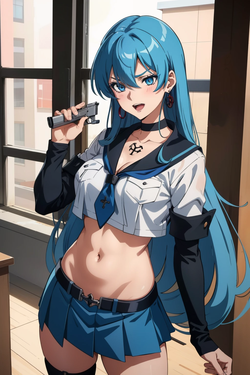D_E_Ell, blue lips, white skin, blush, lipstick,Hot girl, baddie, bad attitude, mean girl, crazy, smoking, sensual, attractive ,masterpiece, best quality, highly detailed, a anime girls in sailor uniforms with a gun posing for a picture,
evil smile, smile, open mouth,black_serafuku, ecchi anime style, anime girls , (nsfw) not safe for work,
ecchi style, ecchi, shipgirls, digital anime art!!, high school girls, holding a gun, hold a gun, anime style 4
k, micro skirt, exposed belly, exposed navel, exposed midriff, holding pistol,underboob,
exposed lower belly,school, classroom